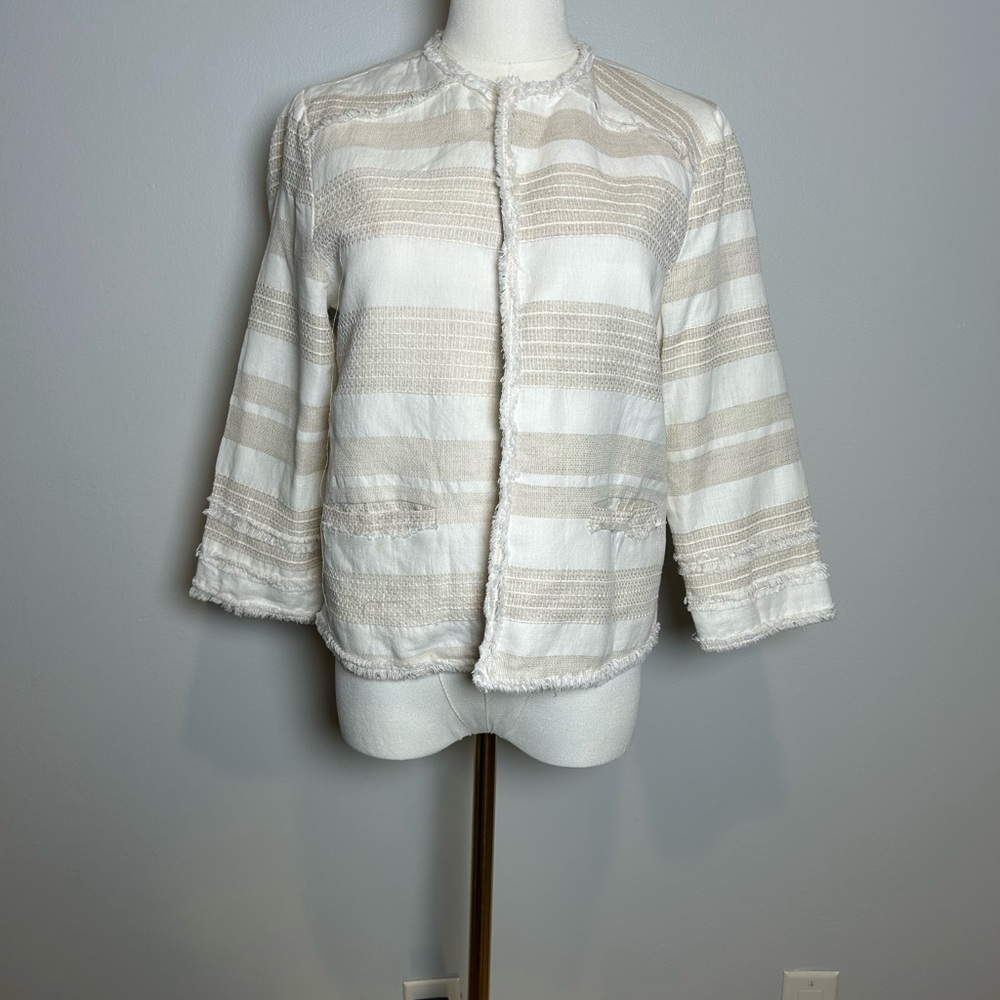 Greylin stripe linen cotton Blazer small fringe trim open front - Picture 4 of 10